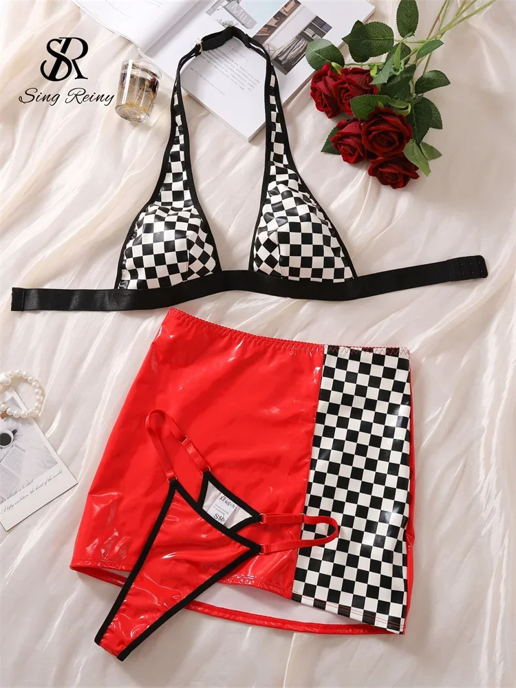 

SINGREINY Plaid Leather Sexy Three Pieces Sets Halter Backless Top+Slim Short Skirt+Thongs Hollow Out Night Club Hotsweet Suits