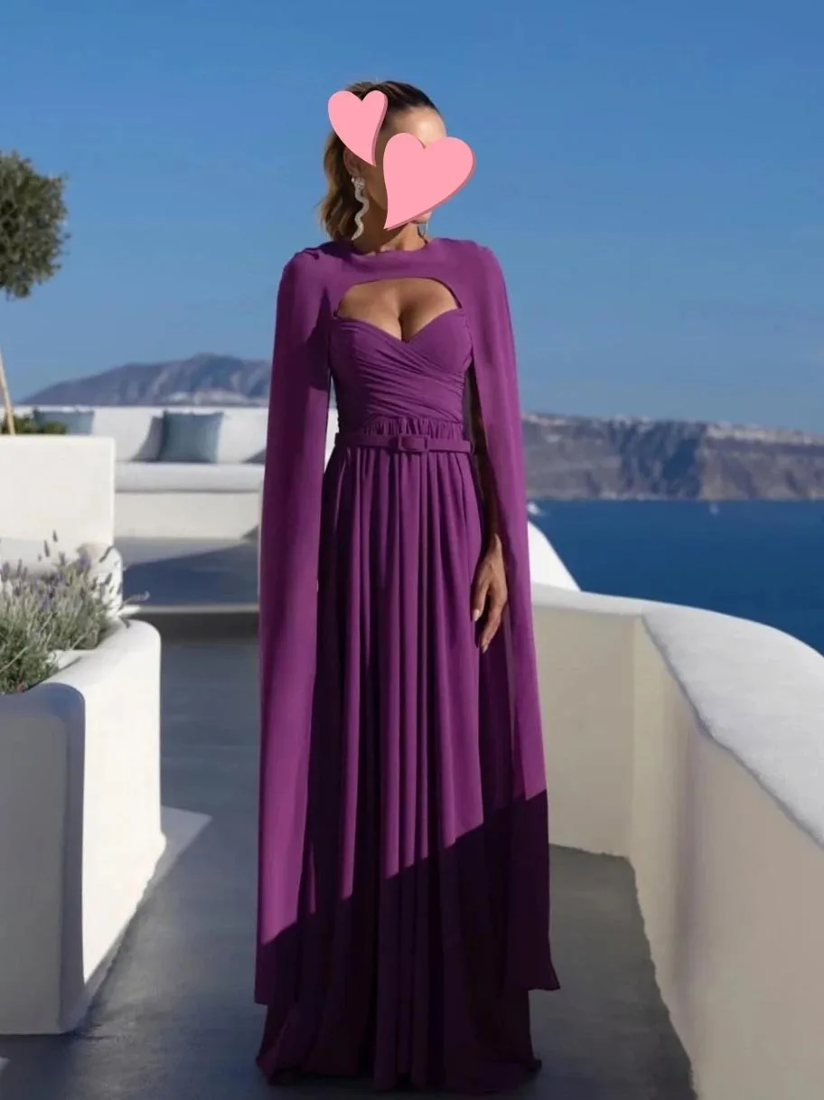 Scoggins Elegante Vintage Sexy Dress, Simples roxo Ruffle Cape, Fita personalizada, Ocasião formal, Vestido de formatura, Vestidos de festa