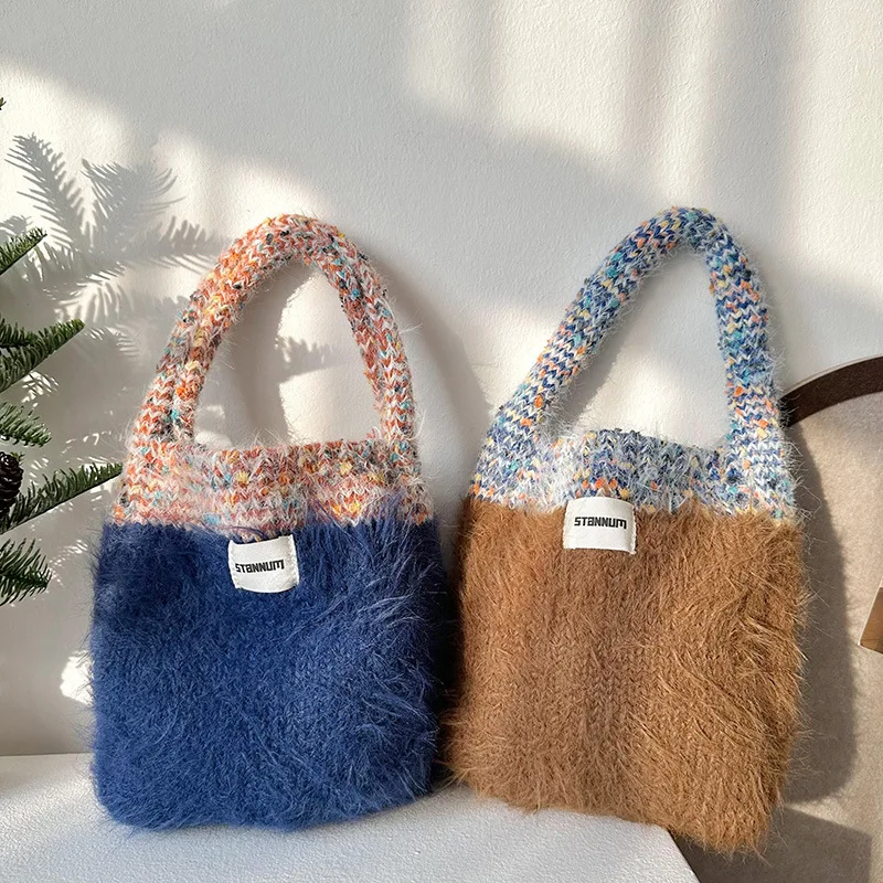 Women Fashon Knitted Handbags Contras Color Soft Knitting Handle Bag Female Casual Commute Phone Packs