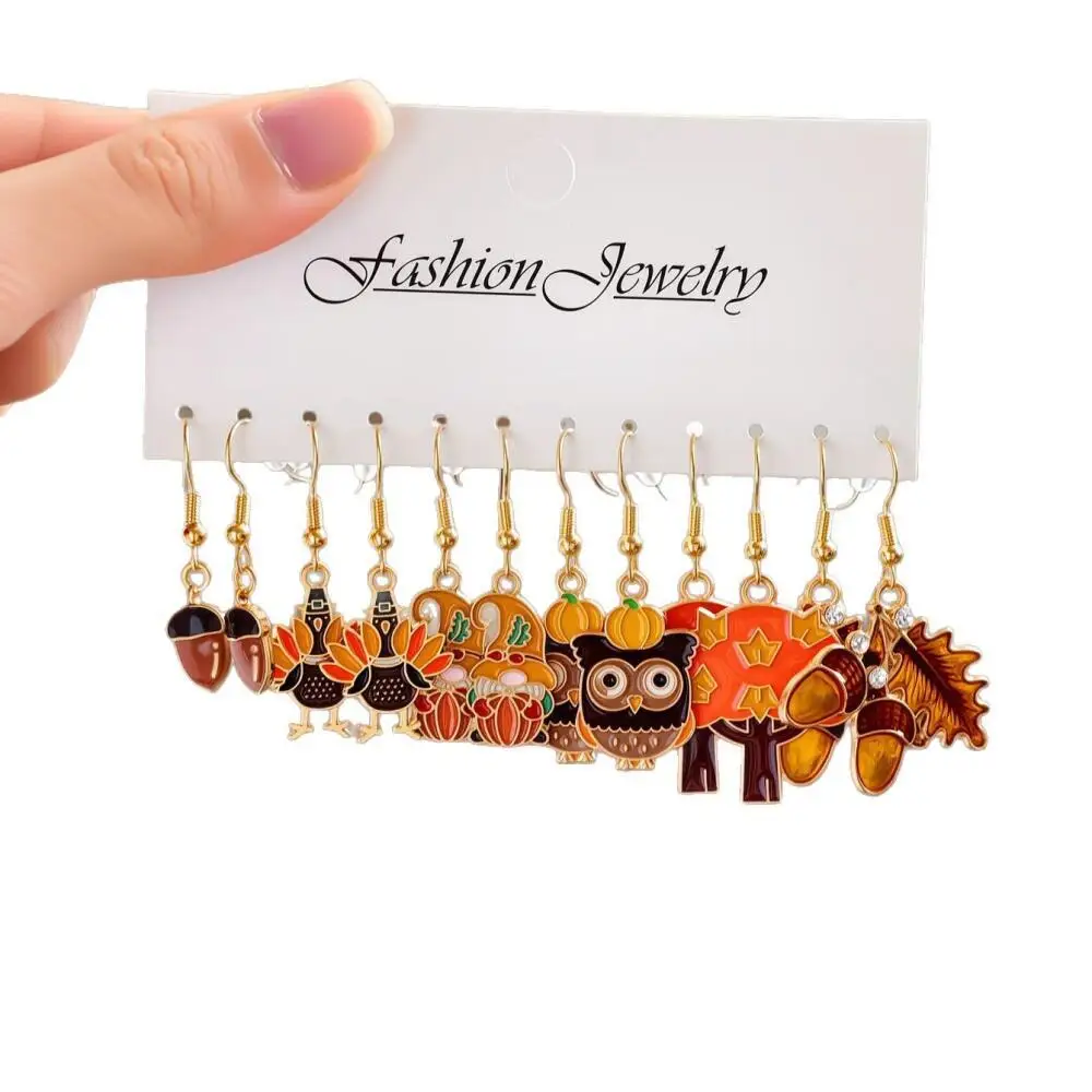 6/12Pairs Thanksgiving Fall Dangle Earrings Set Turkey Maple Leaf Squirrel Acorn Enamel Drop Earrings Women Holiday Party Gift view 6