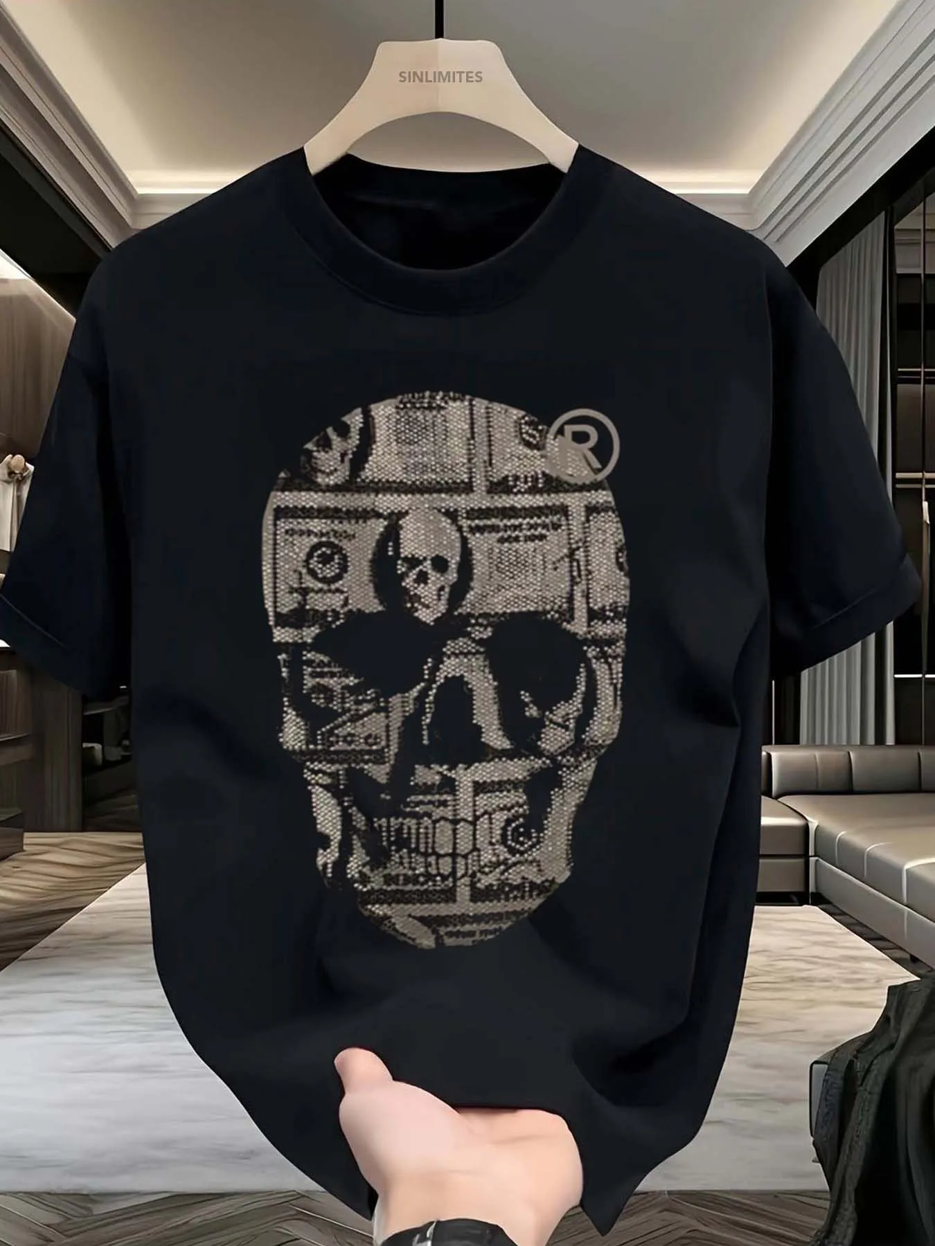 

Фронтальный принт с рисунком черепа банкнот, мужская футболка с короткими рукавами