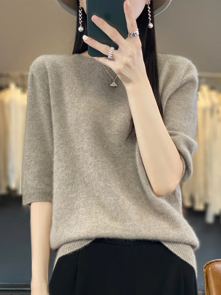 2024 New Spring Summer Women Sweater Short Sleeve O-Neck Pullover 100% Merino Wool Pure Color Knitted Jumper Female Clothing