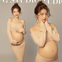 Women Photography Props Maternity Dresses Pregnancy Knitted Khaki Tops Skirt 2pcs Set Casual Studio Photoshoot Clothes Korean