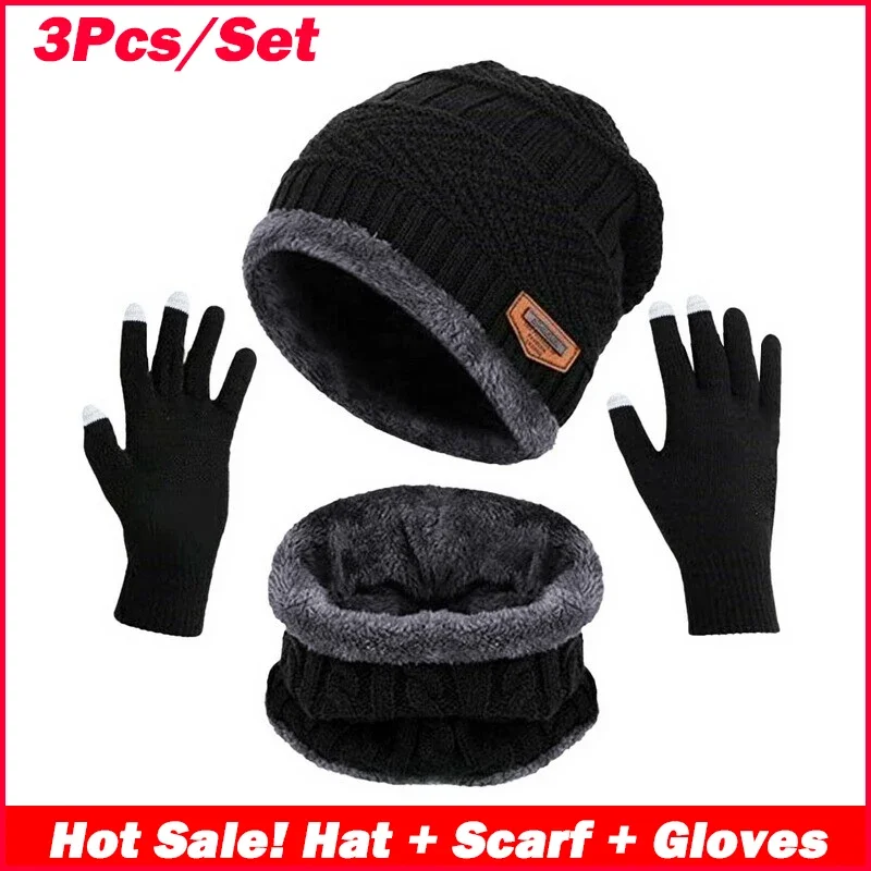 

3pcs/Set Winter Warm Velvet Hat Scarf Gloves Set for Men Women Outdoor Riding Hat Beanies Neck Protection Scarf Cap