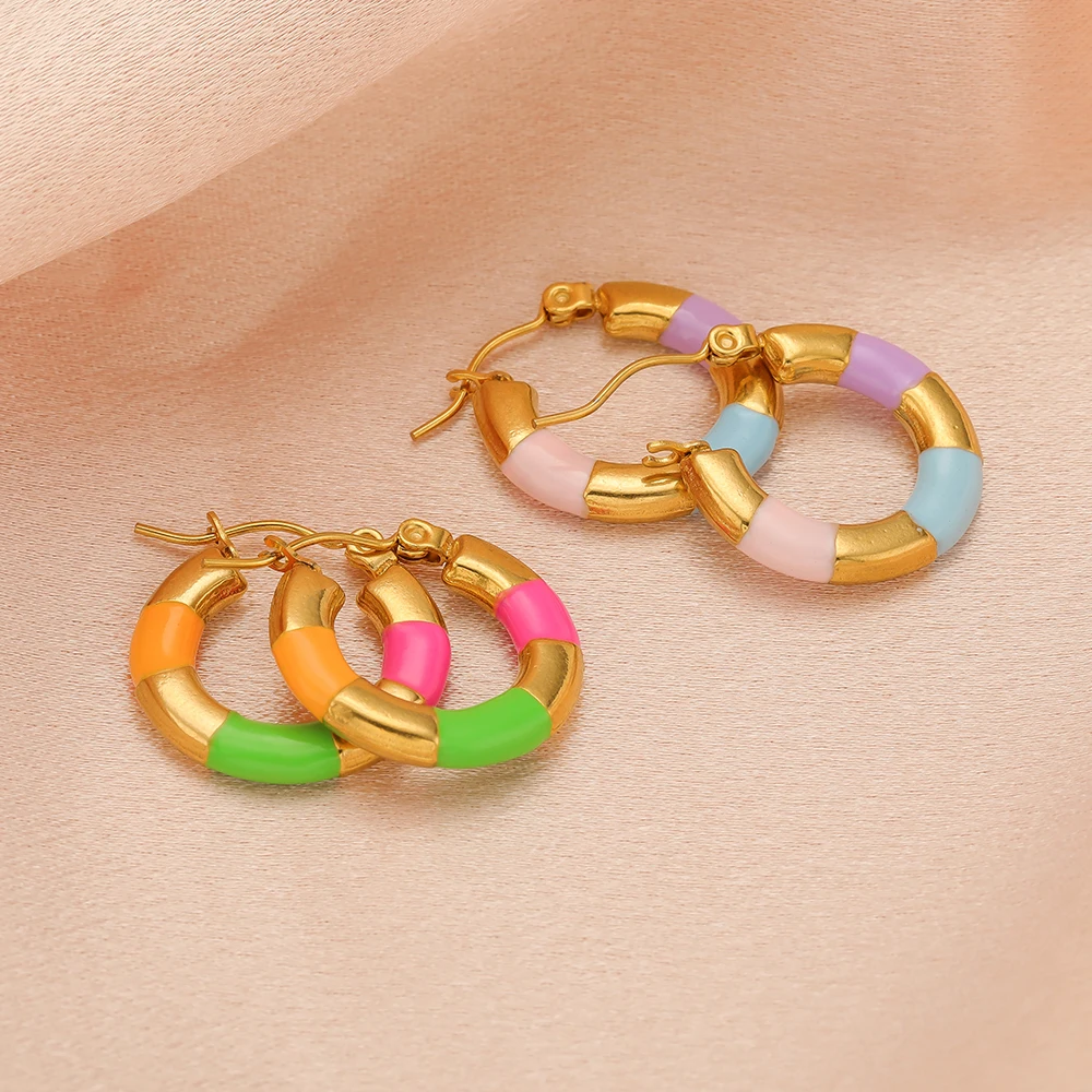 2pcs Stainless Steel Gold Plated Oval Wire Three Color Enamel Earrings Hoops for Jewelry Fashion Findings Supplies Wholesale
