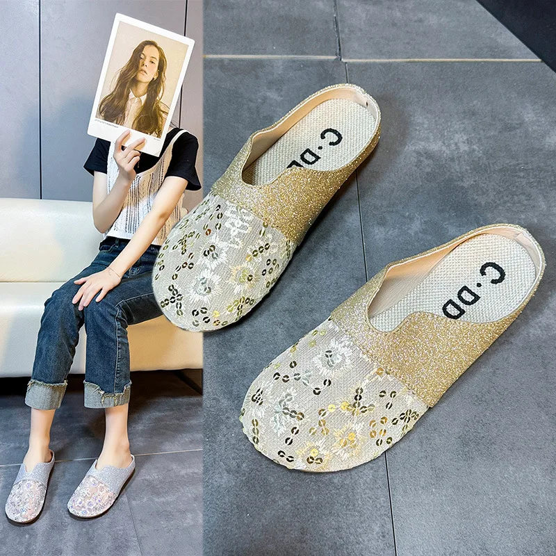 

Round-toed Padded Mesh Half-slipper for Women in 2025 Summer Low-heeled Flat-bottomed, Lazy Person, Hollowed-out Women Slippers