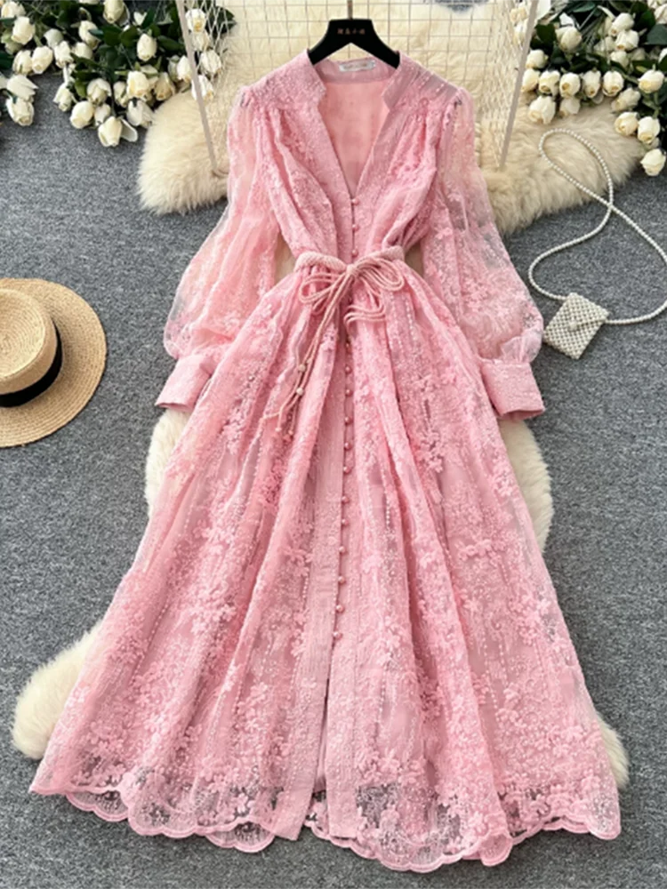 Spring Autumn French High-end Women's Dress New Lace Embroidery V-neck Lantern Sleeves Single Breasted Party Birthday Dress C192 image 6