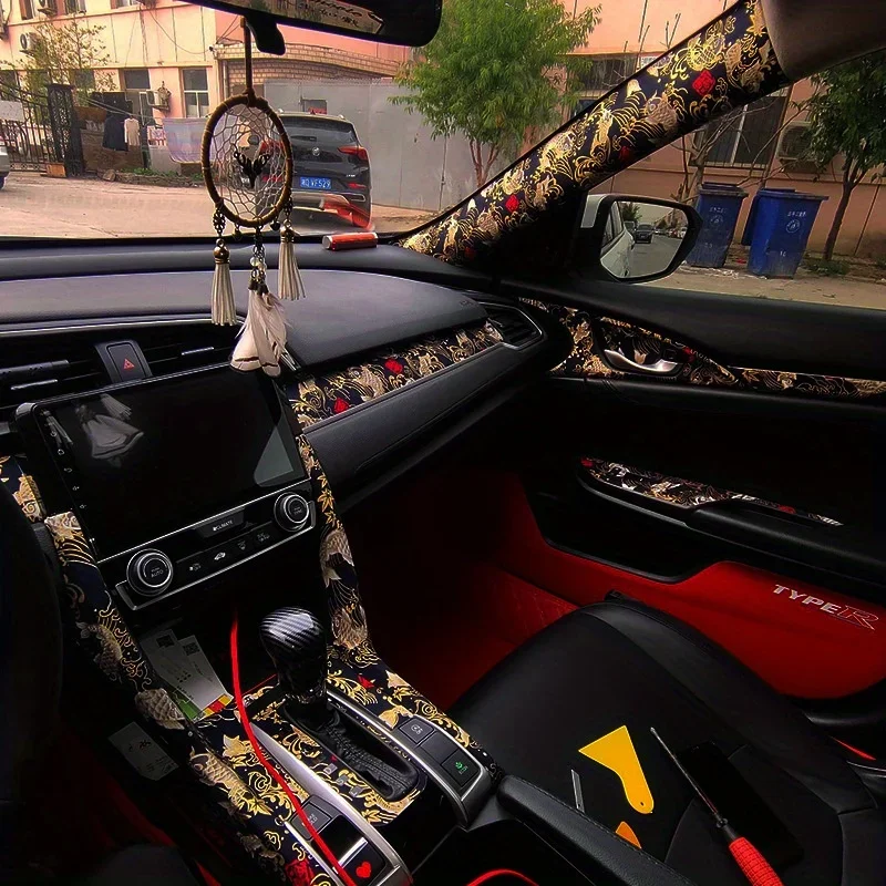 Car Interior Self-adhesive Cloth Adhesive Embroidery Car Stickers Interior Modification Abc Column Hot Stamping Latte Art