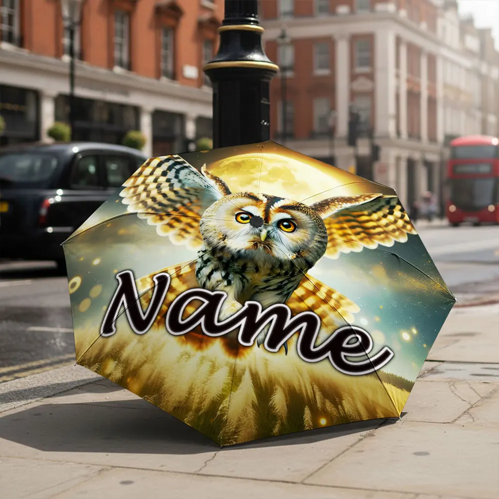 Custom Name Umbrella Owl With Spread Wings Moon And Fireflies Print Folding Umbrella Compact Portable Travel Parasol