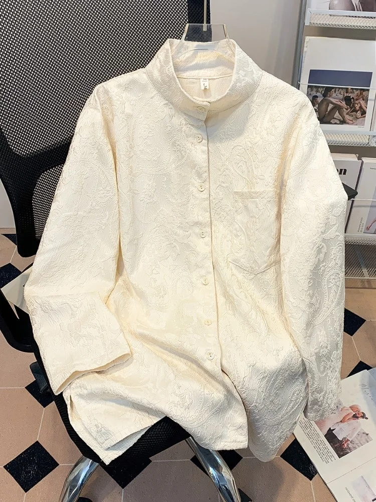 

Ele Embroidered Floral Stand Collar Long Sve irt Women's Premium Vintage Sle Spring Commute Faion Slimming irt