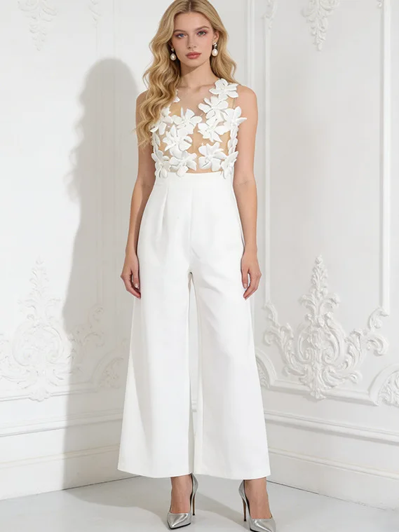 

Spring 2025 New Style Sexy Mesh See-through Patchwork 3D Flower Sleeveless Bodysuit Wide Leg Women's Fashionable Onesie