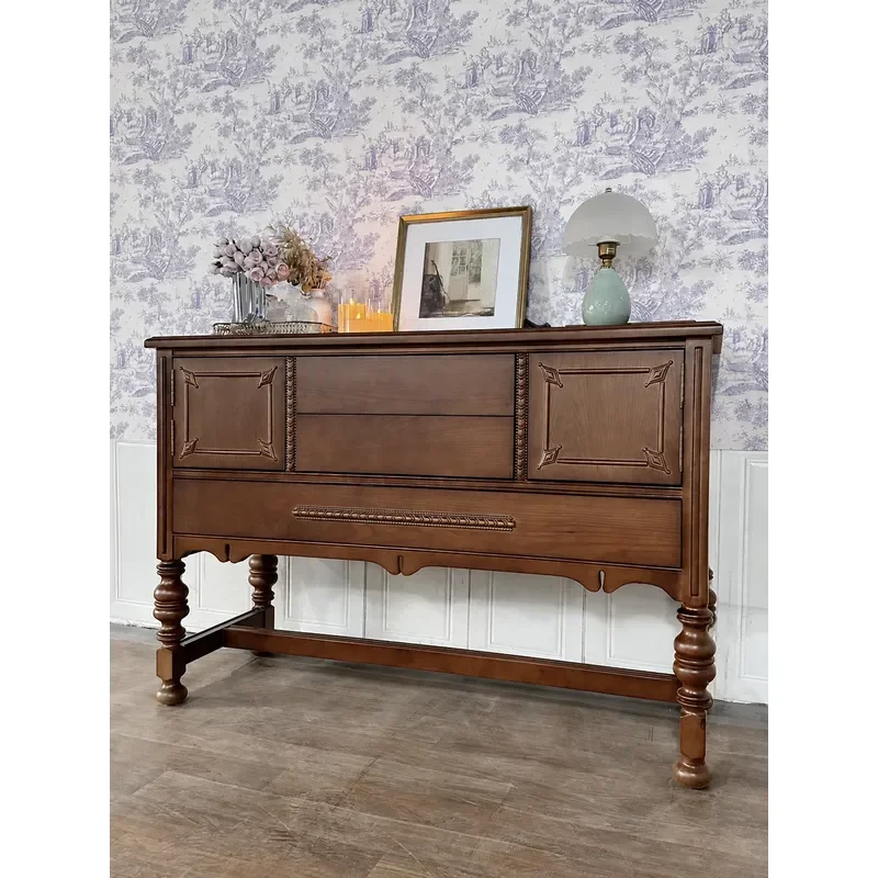 Medieval Solid Wood Entrance Cabinet Living Room Decor American Retro Dining Sideboard Storage Locker Partition Shelf