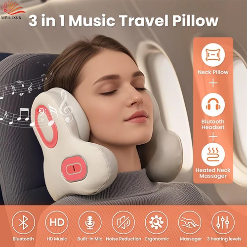 Almohada de cuello 3 en 1 para viajes, auriculares con cancelación de ruido Bluetooth con masajeador de cuello y calor, almohadas de avión de espuma viscoelástica en forma de U
