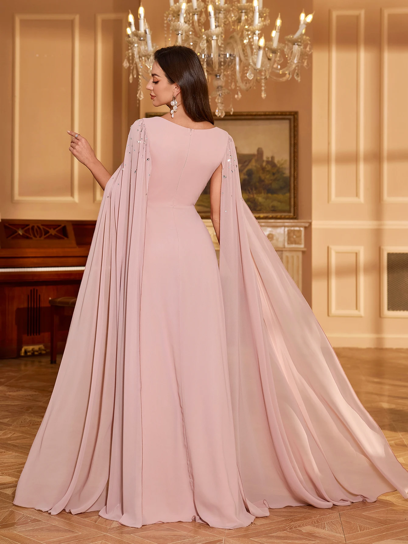 UNITHORSE Women Square Collar Rhinestone & Sequin Sleeve Solid Color Chiffon Evening Party Bridesmaid Dress