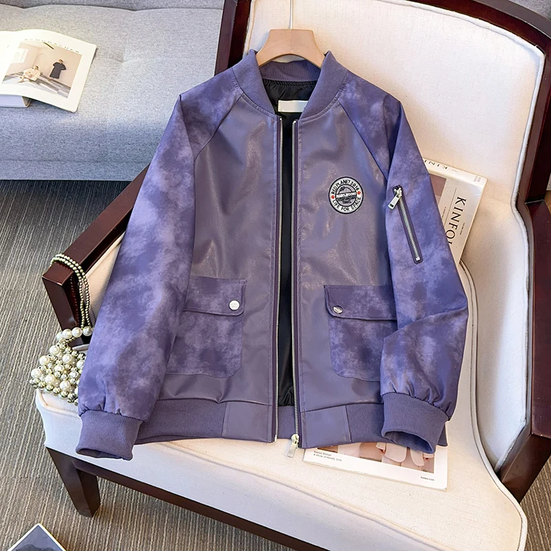 

ITOOLIN PU Leather Jacket Loose Vintage Casual Baseball Style Short Women Coat High-Street Tie-Dye Outerwear Ladies