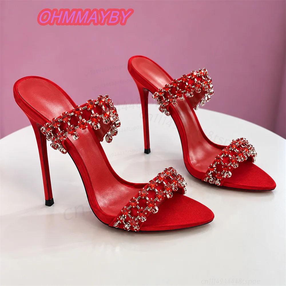 Red Rhinestone Mules for Women Open Toe Stiletto Heels Dual Straps Suede Look Backless Slip On Evening Wedding Party Dress Shoes