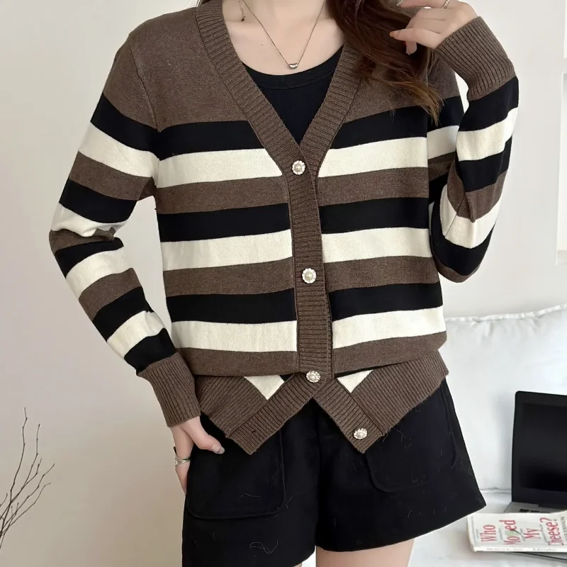 

Полосатые вязаные топы на осень, новый кардиган в стиле ретро, модный свитер, куртка