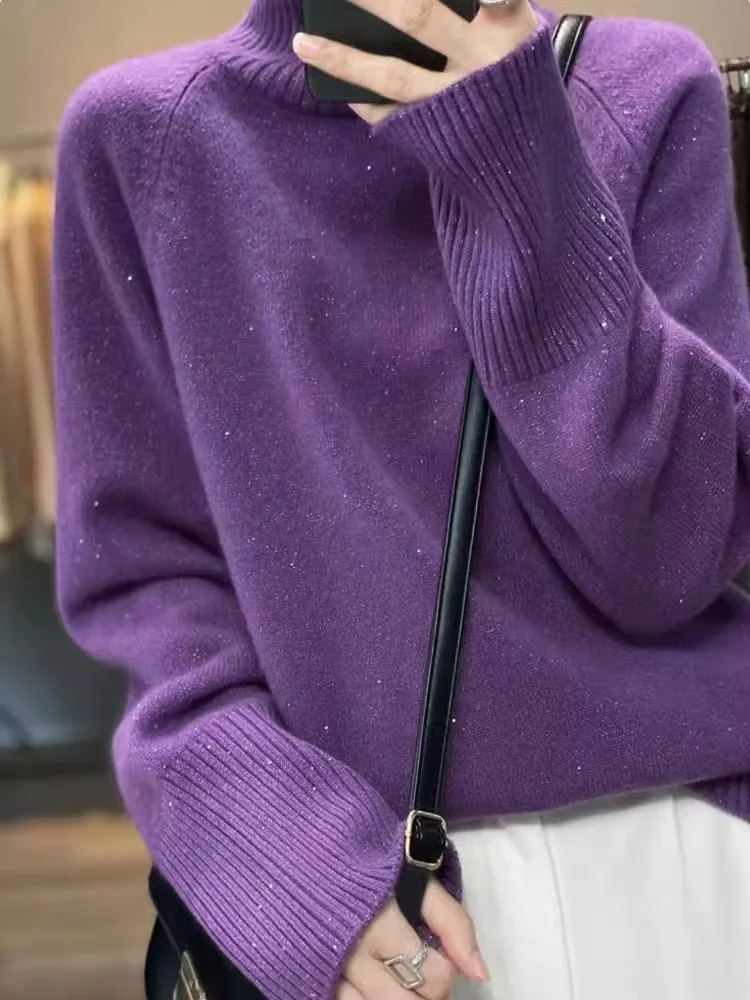 

Fall New High Ne iny Silk Wool Knit Loose Korean Sle Thiened Sweater Overhead Knitted Base irt Women's Faion