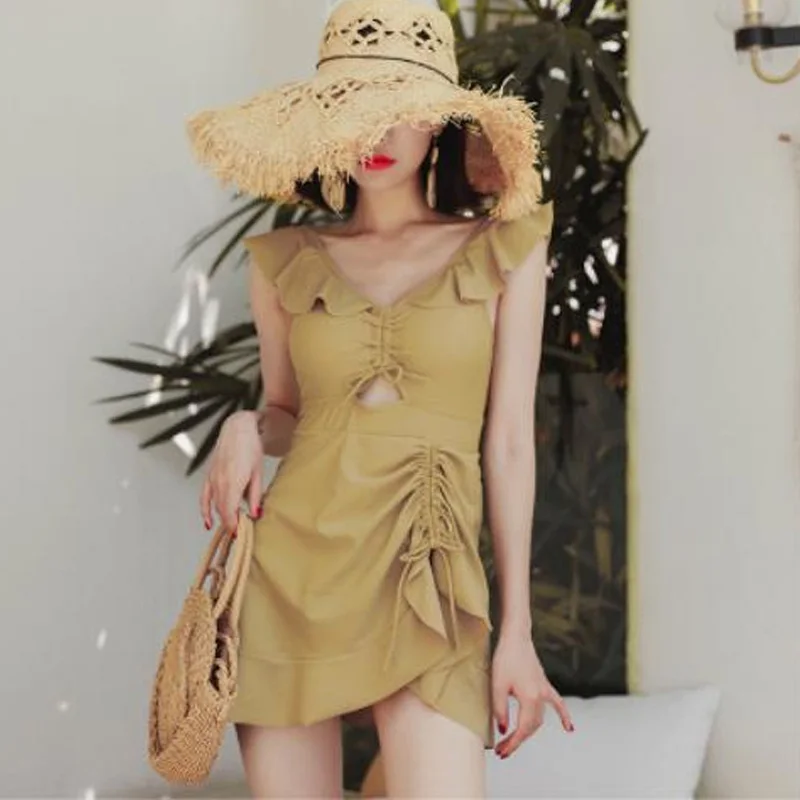 2023 New Summer Fashionable Bohemian V-neck Padded Sexy Ruffled High Waited Slim Fit Cover Belly Solid One Piece Skirt Swimwear