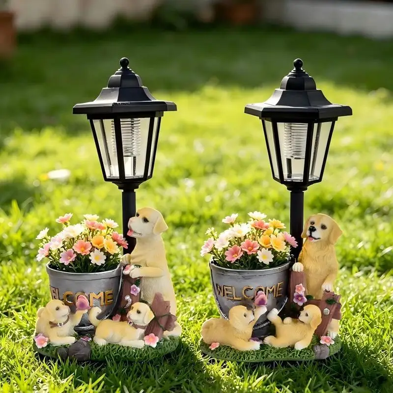 Golden Retriever Planter Statue with Solar Light,Resin Figurine Outdoor Garden Yard Pet Landscape Ornament Decor Gift