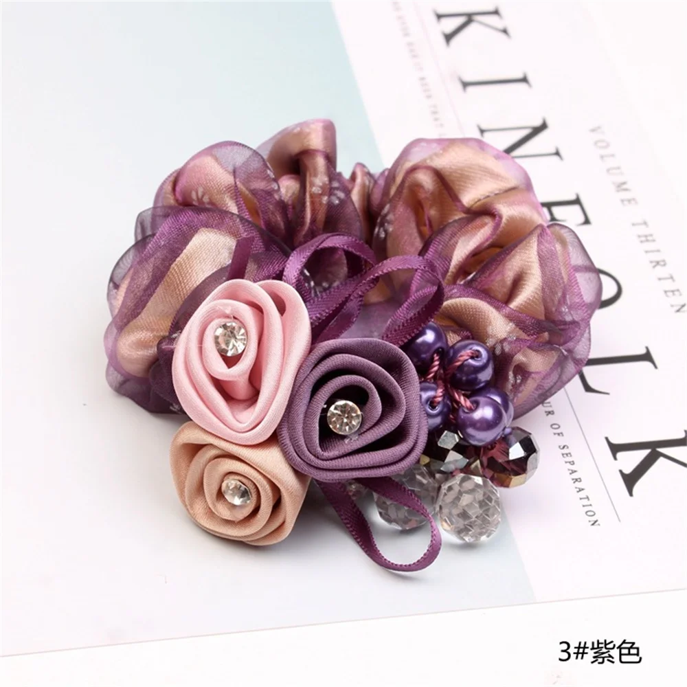 Korean Fashion Pearl Hair Rope Rose Flower Hair Band Rhinestone Hair Ties Rubber Band Hair Jewelry Hair Accessories For Women