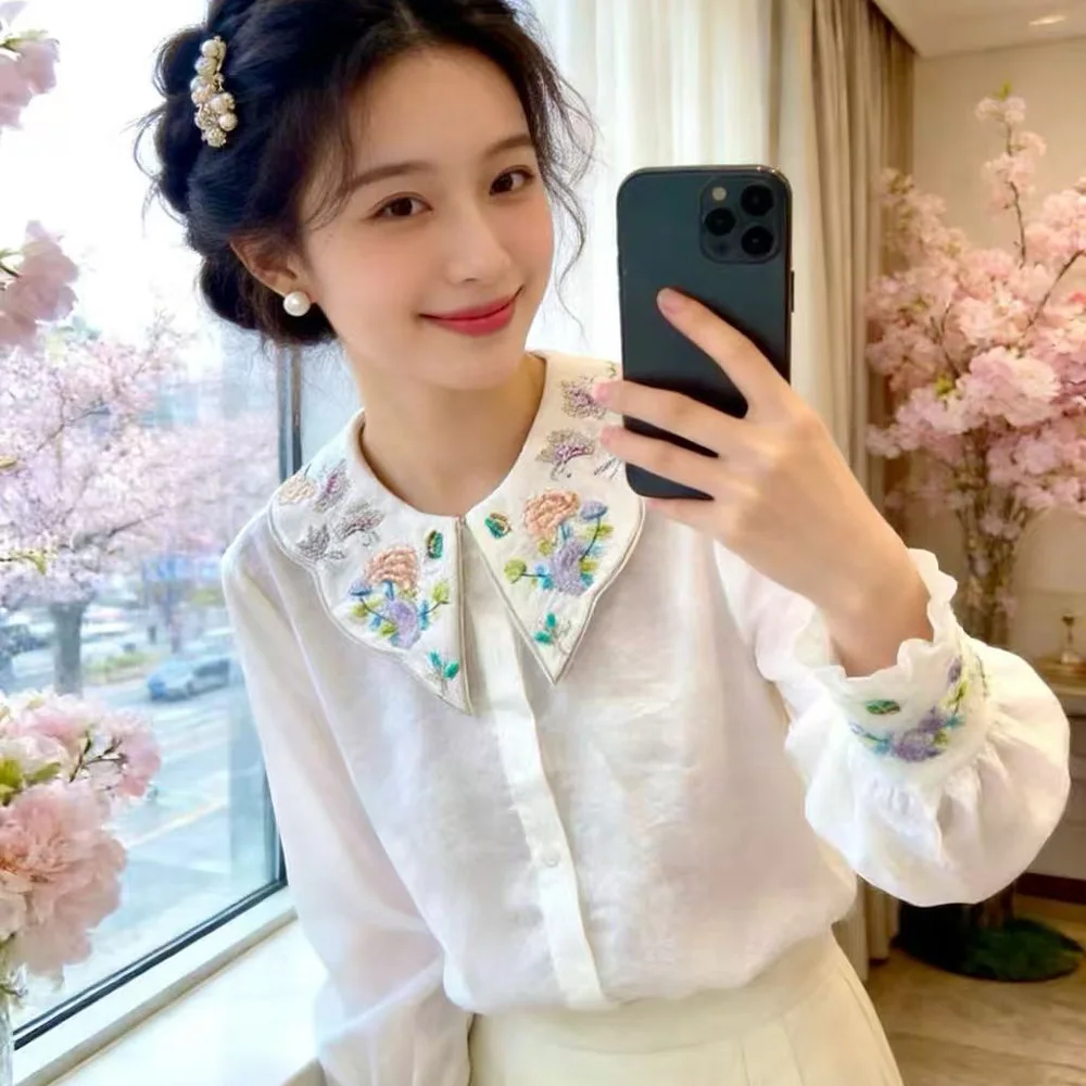 

High-end Spring Summer Embroidery Top New Chinese Style Top Women's Flowers Loose Blouse Shirt S-XXL
