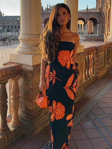 Imagen 2 del producto Vestido largo estampado sin tirantes para mujer, elegante, sin mangas, sin espalda, cintura ceñida a la cadera, paquete de cinta, vestidos de fiesta, batas elegantes para mujer