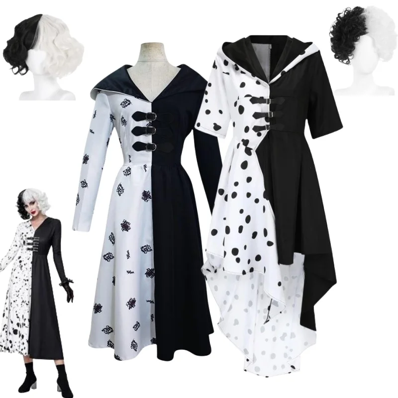 Cruella De Vil Cosplay Costume Girls Women Evil Madame Cruella De Vil Cosplay Black White Maid Dress Wig Halloween Party Costume