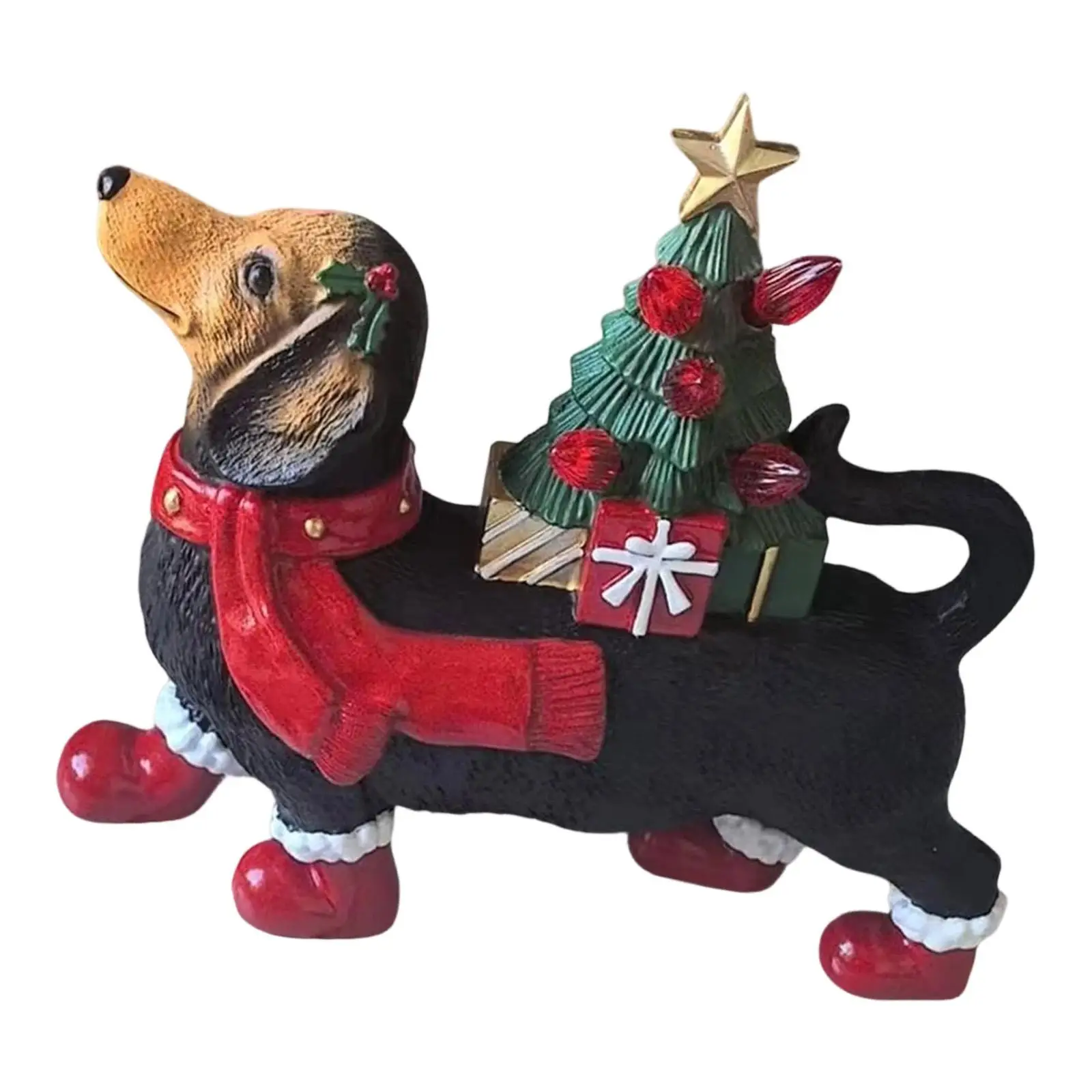 Resin Dachshund Christmas Figurine LED Lighted Tree Sculpture Ornament Holiday Decor Centerpiece for Home Fireplace Party Office