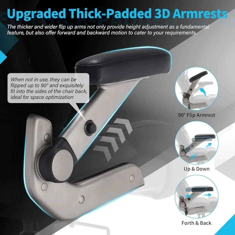 Kursi kantor besar dan tinggi 500lbs-sandaran kepala & penyangga pinggang dapat disesuaikan, lengan lipat 3D, roda besar & dasar logam tugas berat, ergonomis