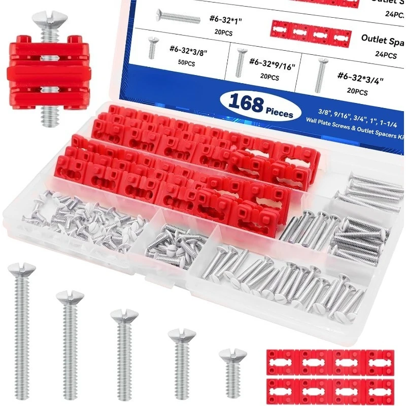 168pcs Wall Plate Screws with Outlet Spacers Kits Outlet Screws Receptacle Spacers for Switch Electrical Box