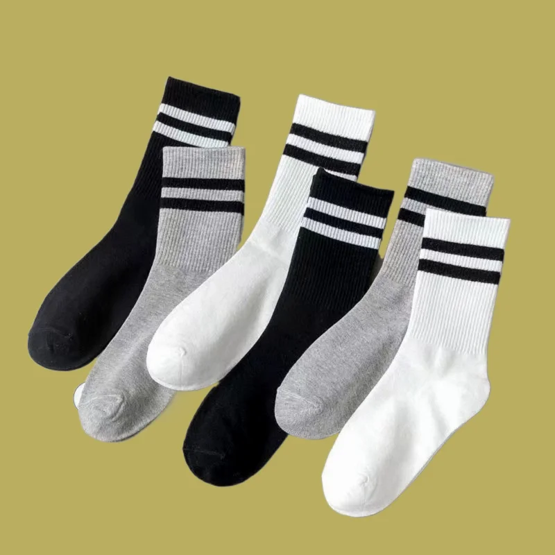 

5/10 Pairs 2024 New Pure Cotton Casual Sports Socks Ins Trendy Socks Women's Black And White Gray Double Bar Middle Socks