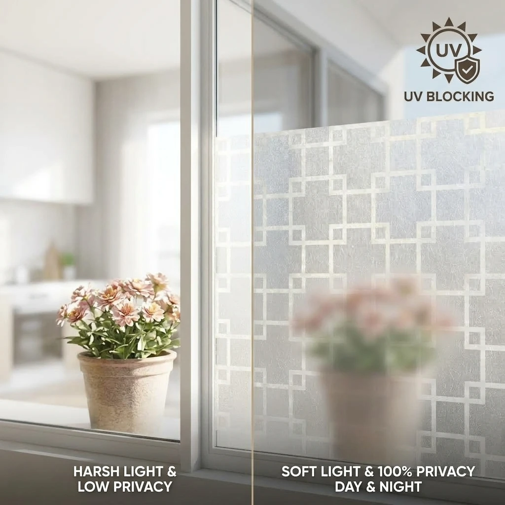 Geometric Lattice Self-Adhesive Window Film Frosted Matte UV Blocking Waterproof Privacy Glass Decal for Bathroom Anti Peeping