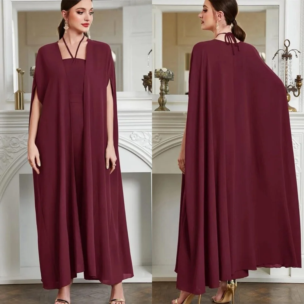 

Customized Temperament Burgundy Chiffon Evening Dress Exquisite Halter Shawl Short Sleeves Zipper Back Special Occasion Gowns