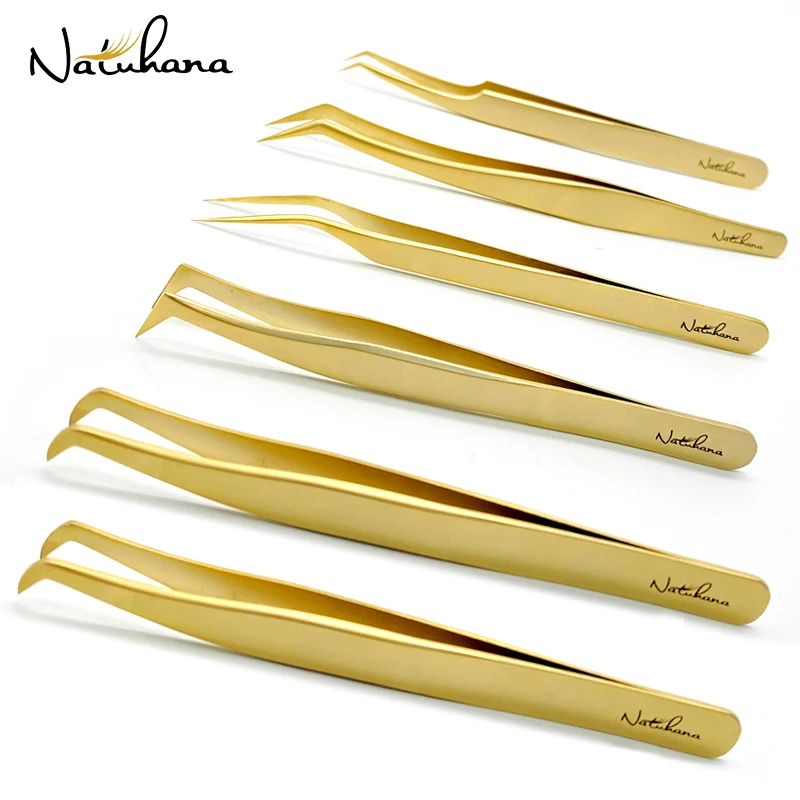 NATUHANA Anti-Static Eyelash Extension Tweezer Gold Stainless Steel Eyelashes Tweezers Professional for Volume Fan Makeup Tools