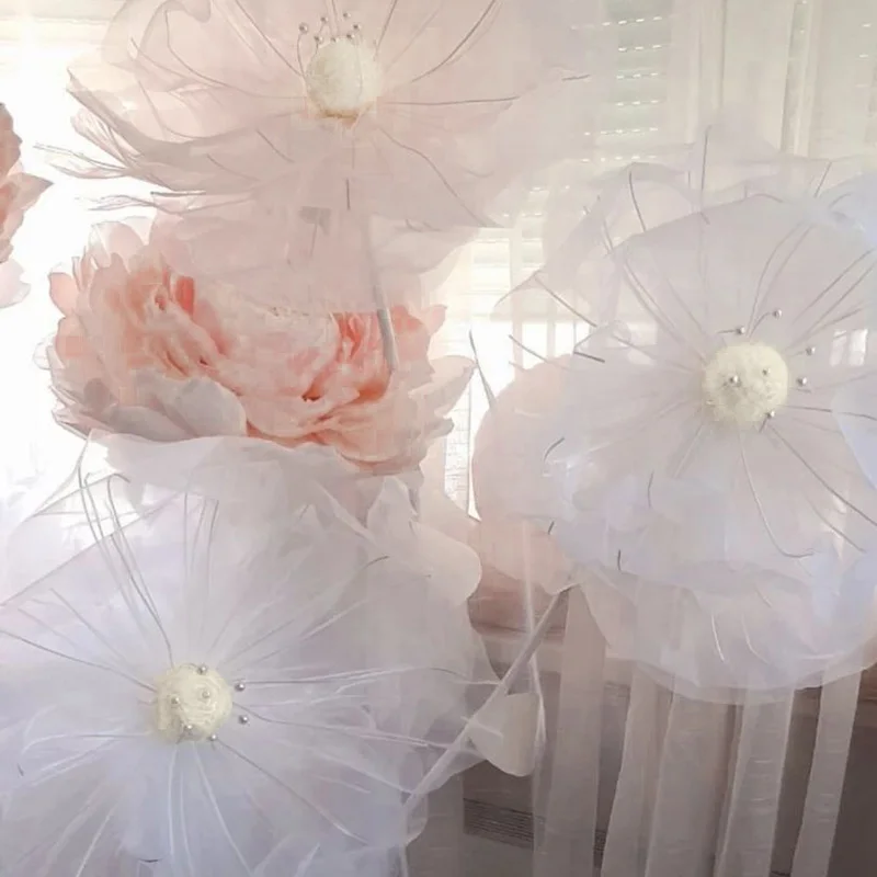 3Pcs Giant Organza Poppy Flower Heads Artificial Flowers Wedding Decor Faux Floral Fairy Theme Birthday Party Props