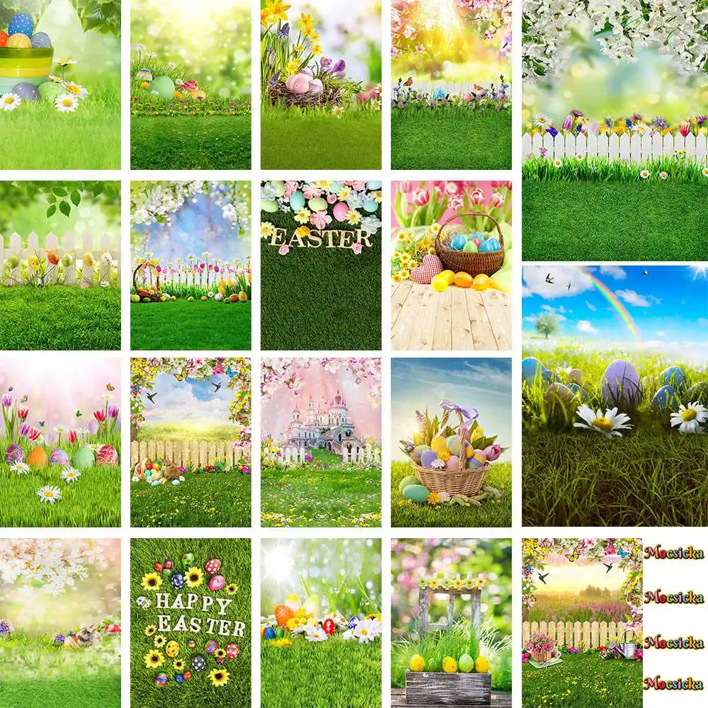 

Mocsicka Photography Background Happy Easter Spring Eggs Green Grass Leaves Newborn Photocall Baby Birthday Backdrop Photostudio