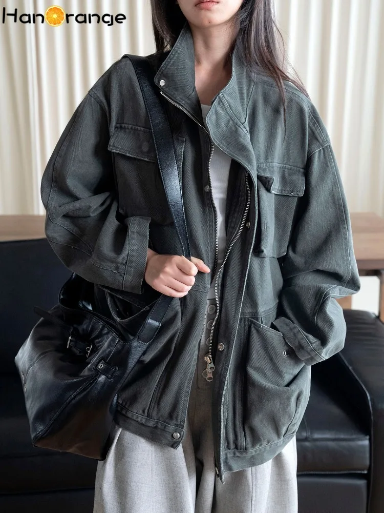 Women Safari Style Cargo Jacket Heavy Weight Stand‑Collar Army Green Washed Pure Cotton Loose Layering Outerwear