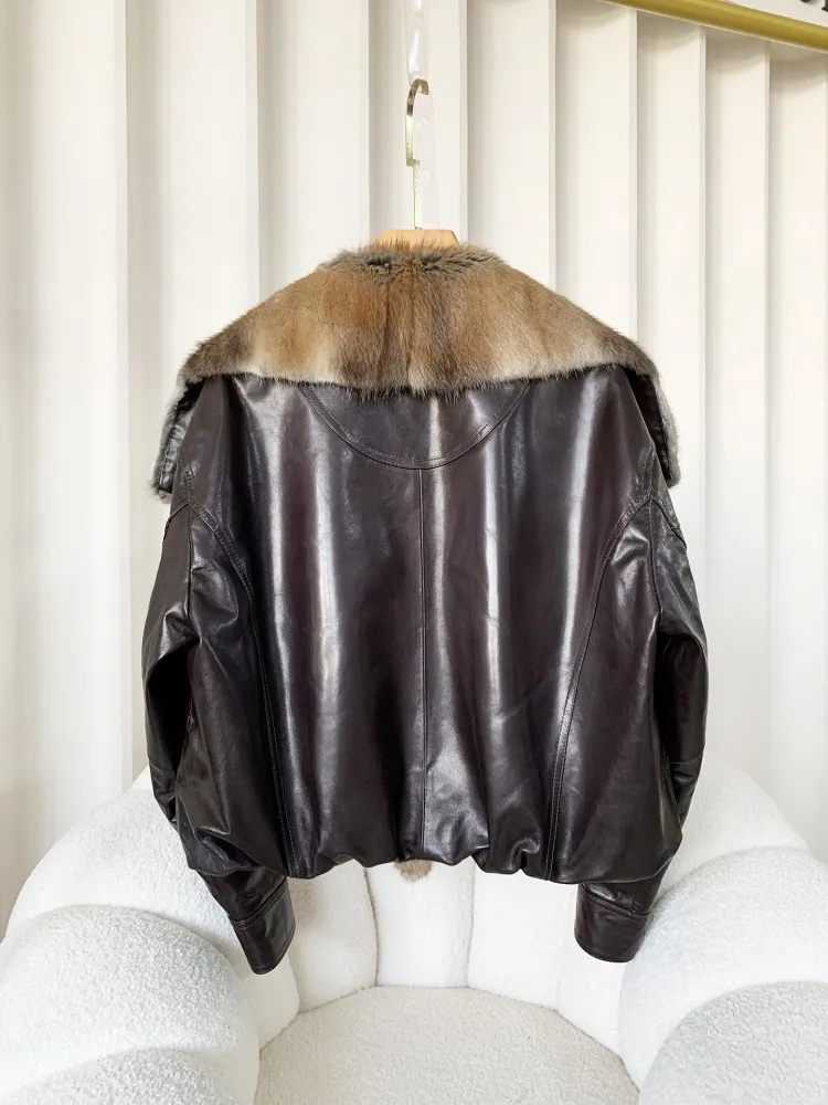 Chaqueta de piel de oveja a la moda para mujer, chal de piel auténtica, cuello de piel de visón, abrigo de invierno, estilo corto, mantiene el calor, mangas largas