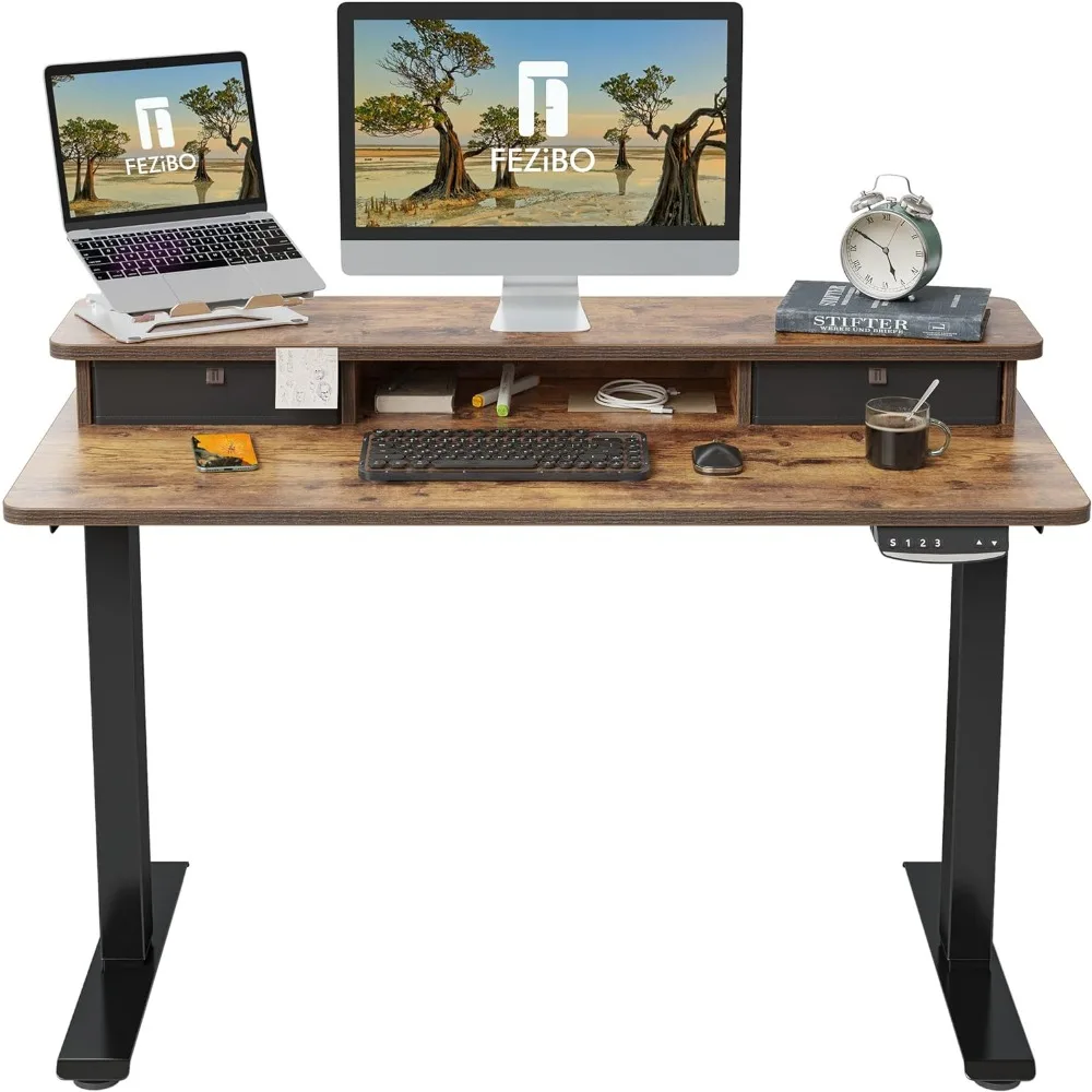 

48 x 24 Inch Height Adjustable Electric Standing Desk with Double Drawer, Stand Up Desk with Storage Shelf, Sit Stand Desk