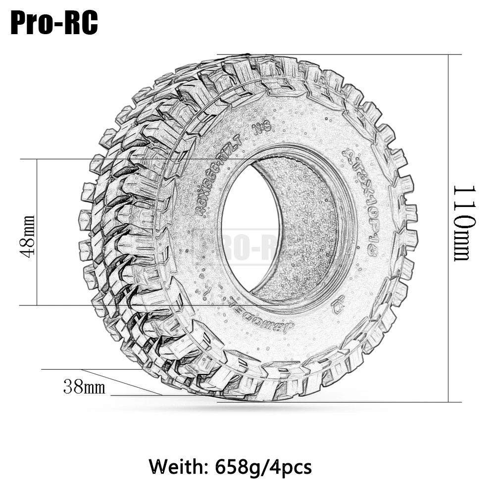 Pneus de roda de borracha para RC Crawler Car, 1:10 Axial SCX10 II, 90046, TF2, Tamiya, CC01, Traxxas, TRX4, TRX6, 1.9 ", 110mm, 4 peças