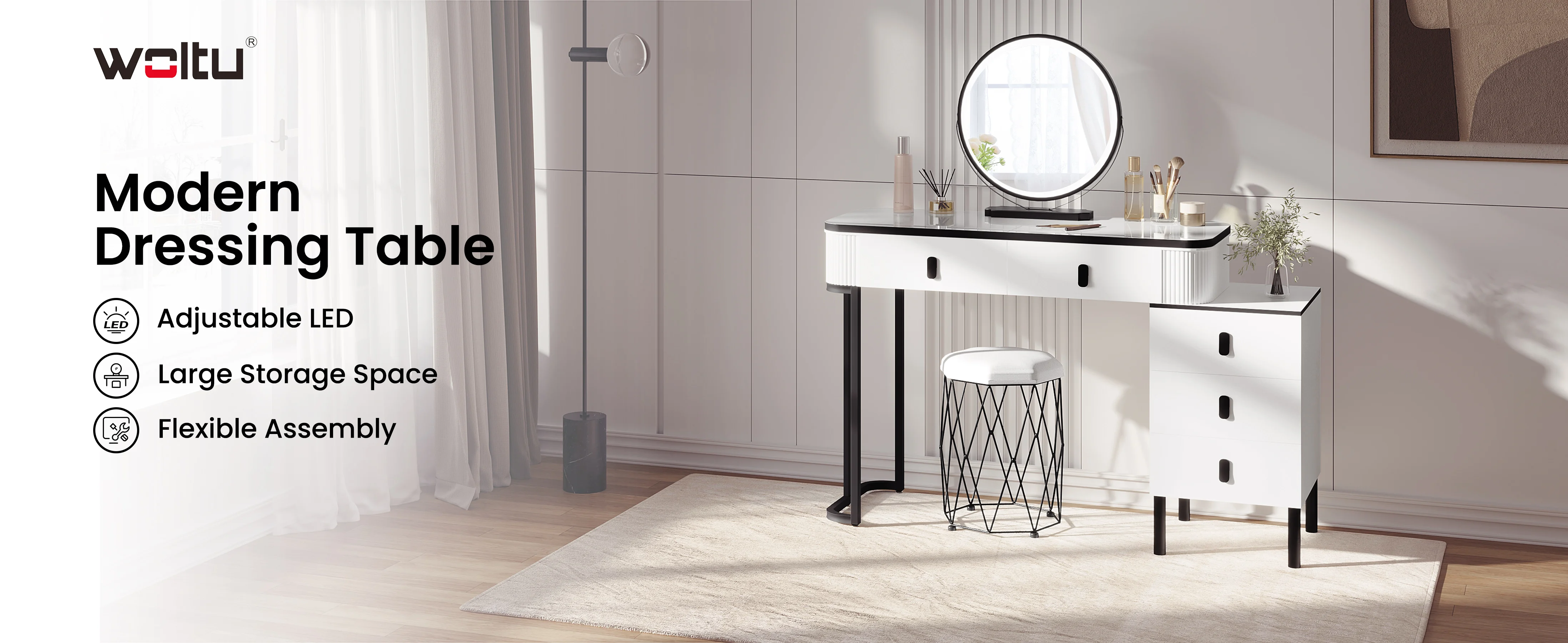 WOLTU Schminktisch mit LED-Beleuchtung, mobiler Spiegel, für Mädchen und Frauen, Waschtisch, flexible Montage, Make-up-Kosmetiktisch für Schlafzimmer – Detail 3