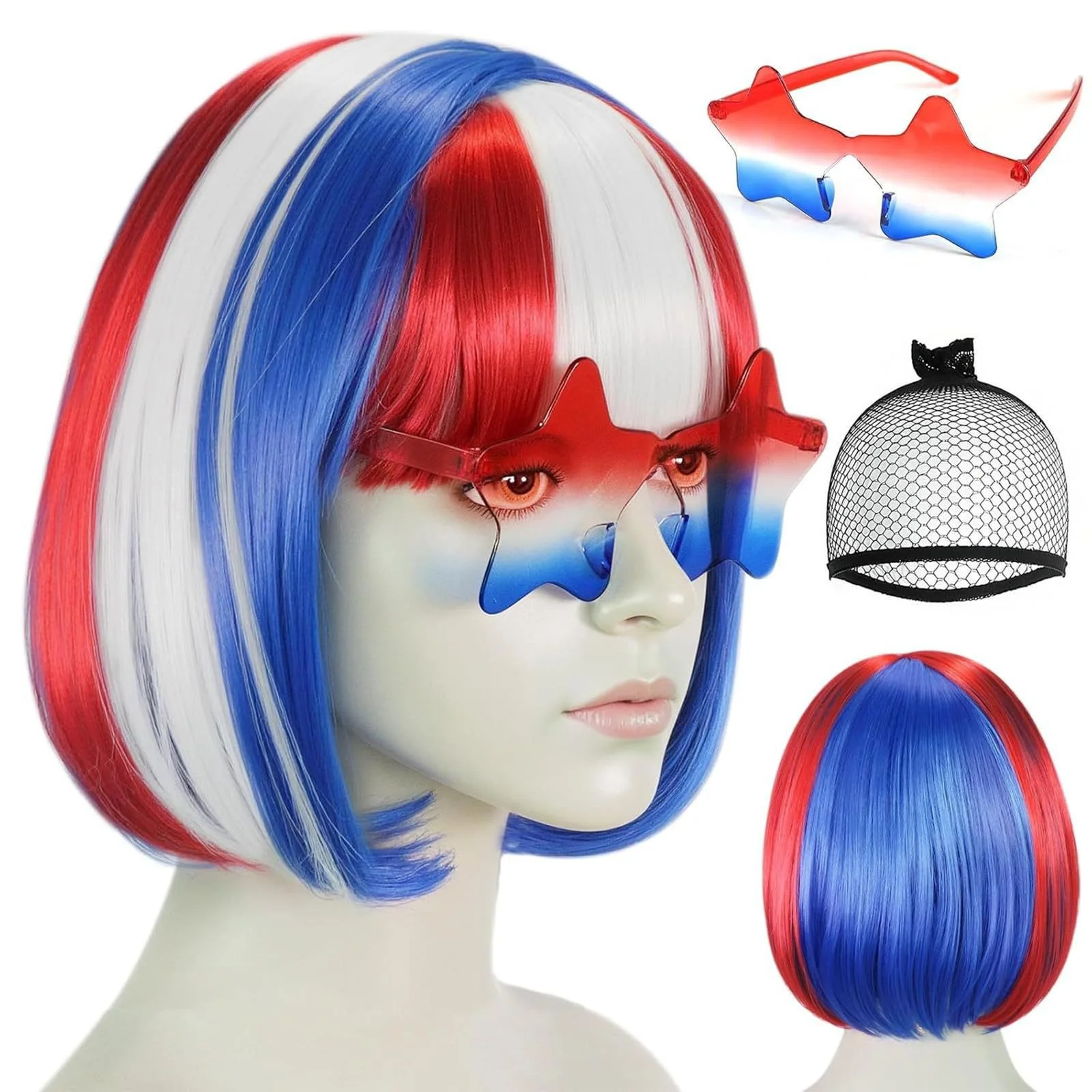 4th of July Red White Blue Bobo Wig Accessory Set Girls Sunglasses Headband Kit USA Independence Day Party Costume