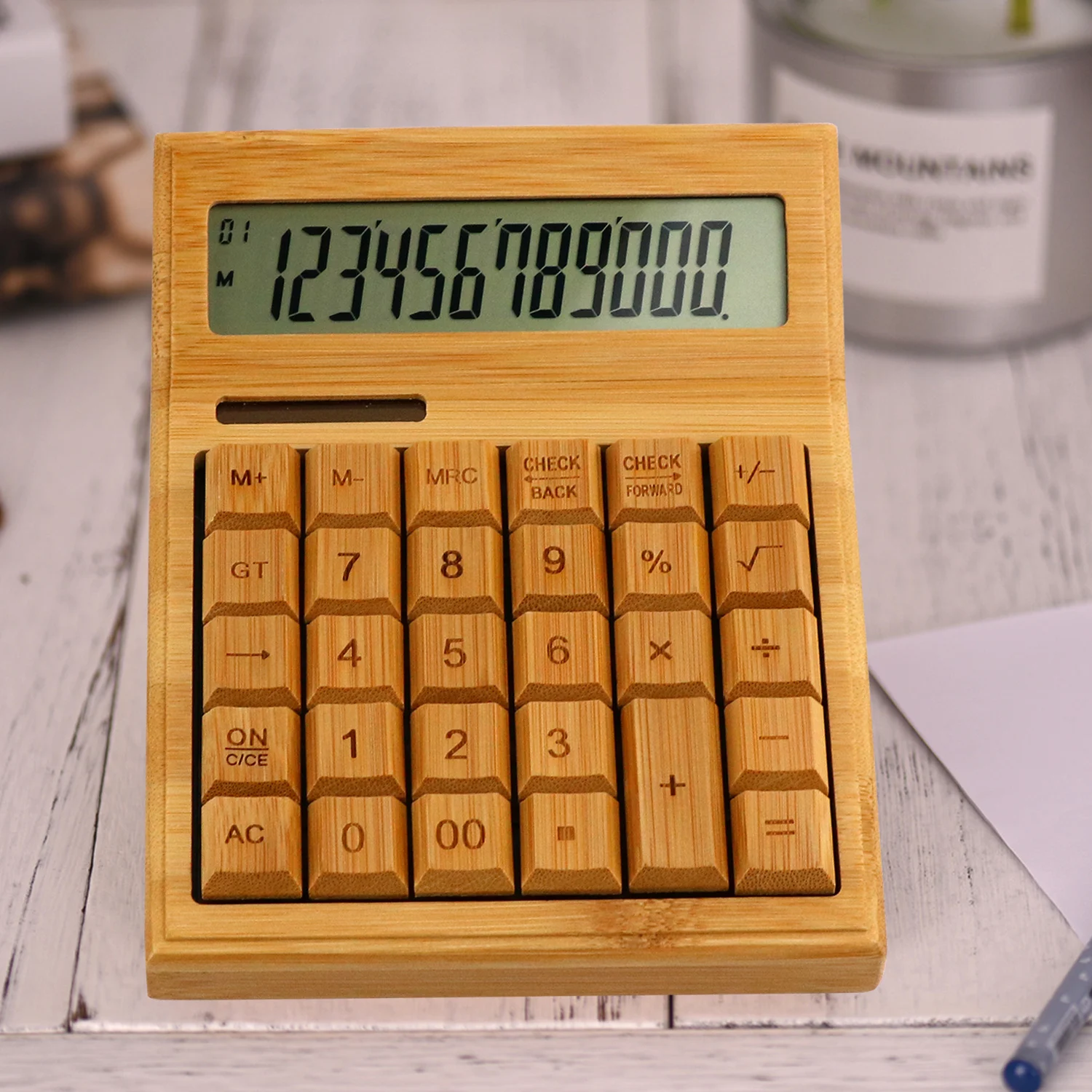 Multifunctional Bamboo Electronic Calculator Counter 12 Digits Solar & Battery Dual Powered for Home Office School Retail Store