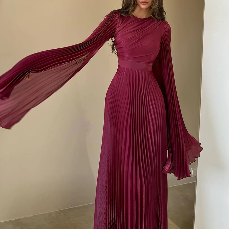 Elegant Solid Color Pleated Robe Dress Fashion High Waist Slim Evening Dress 2024 Autumn Women\'s O-neck Long Sleeve Party Dress