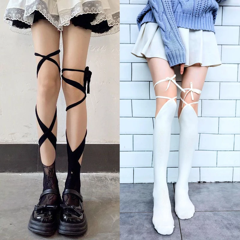 Lolita Cross-tie Over-knee Socks Sexy Long Tube Jk Uniform Calf Socks Female Japanese High Tube Stockings for Sexy Woman