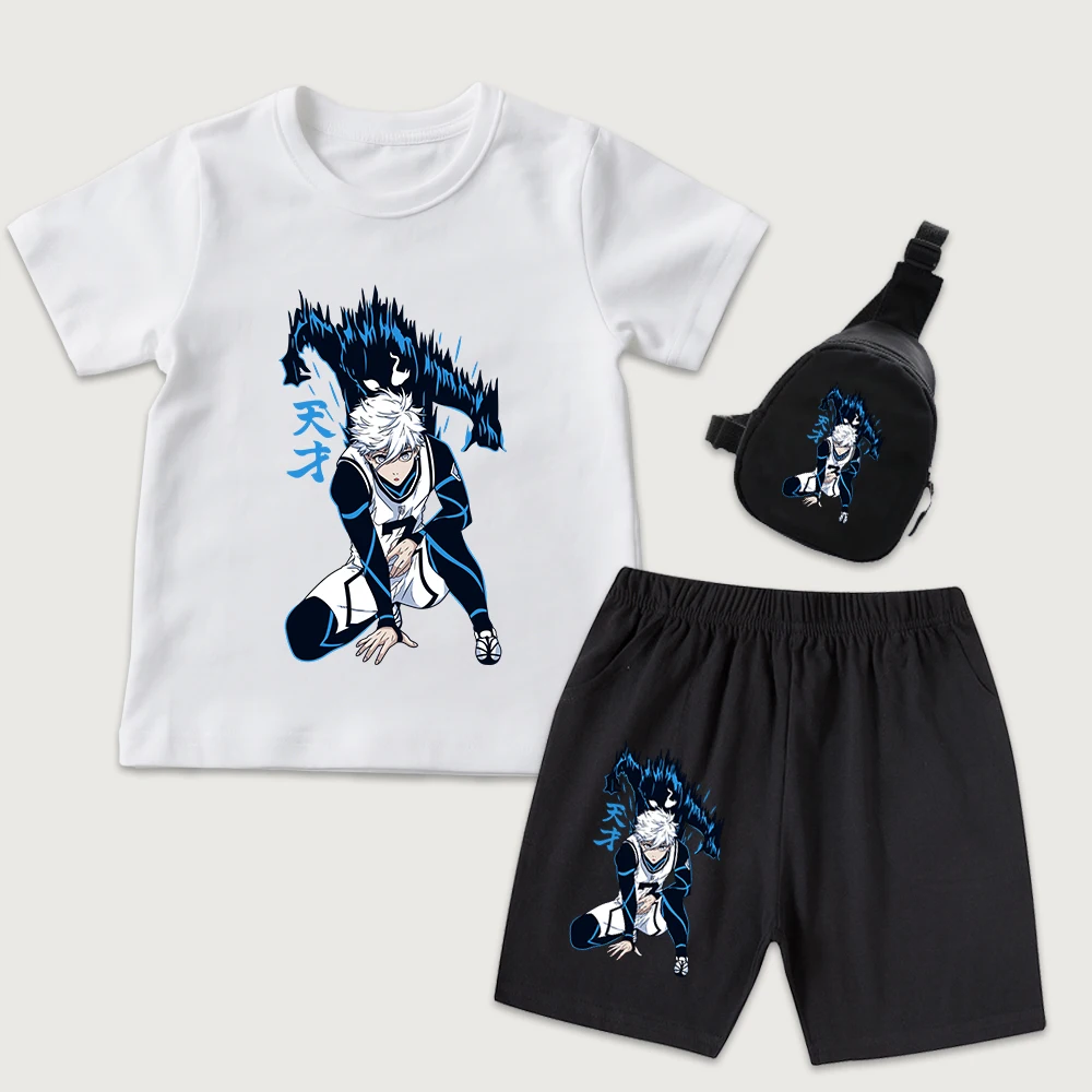 Blue Lock Nagi Seishiro Anime Print Kids Cotton T Shirt Shorts Mini Chest Bag 3 Piece Set for Boys Girls Summer Outfit