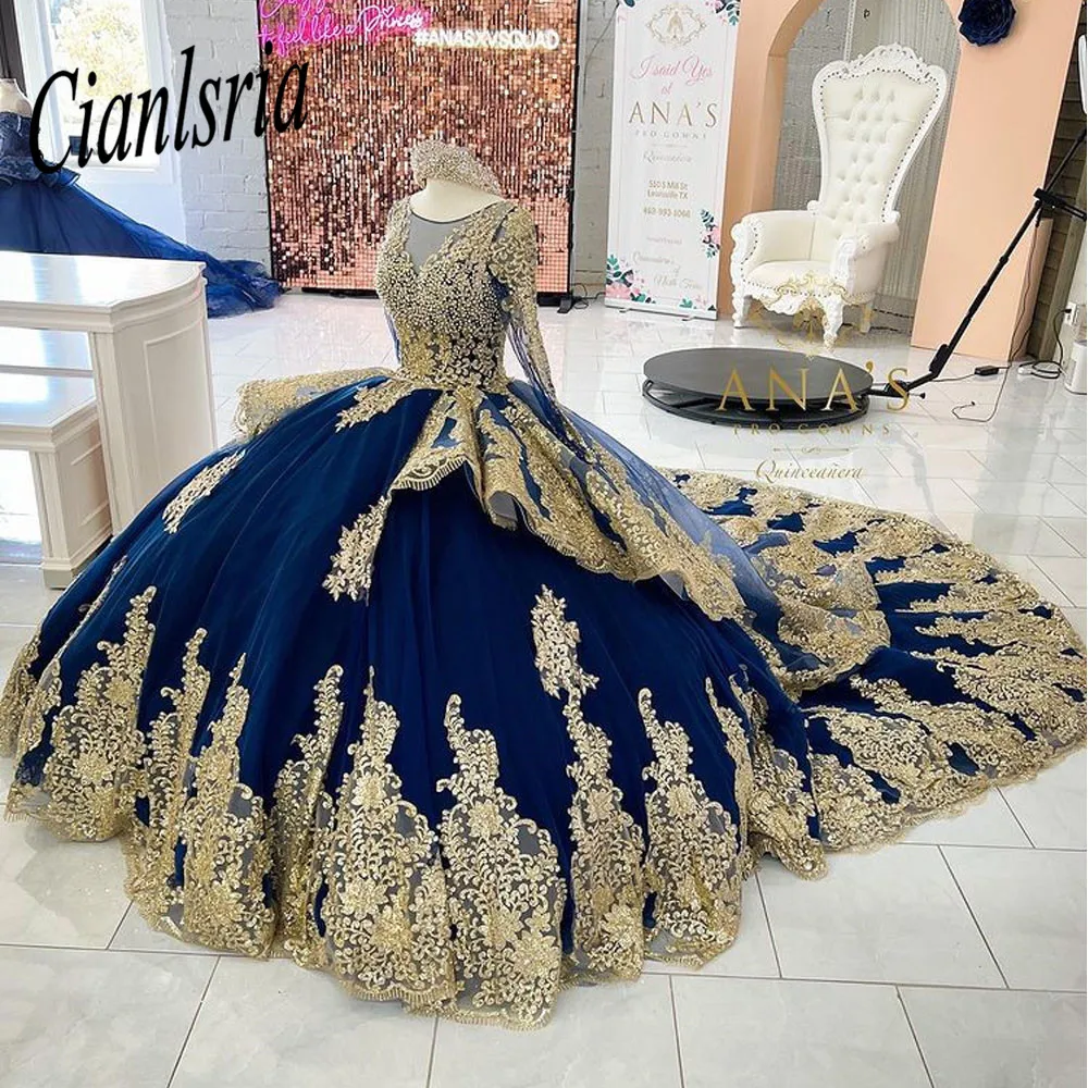 2022 Ball Gown Quinceanera Dresses  Grils Party Sweet 16 Royal Blue  Applique Long Sleeves Princess Vestidos De 15 Años