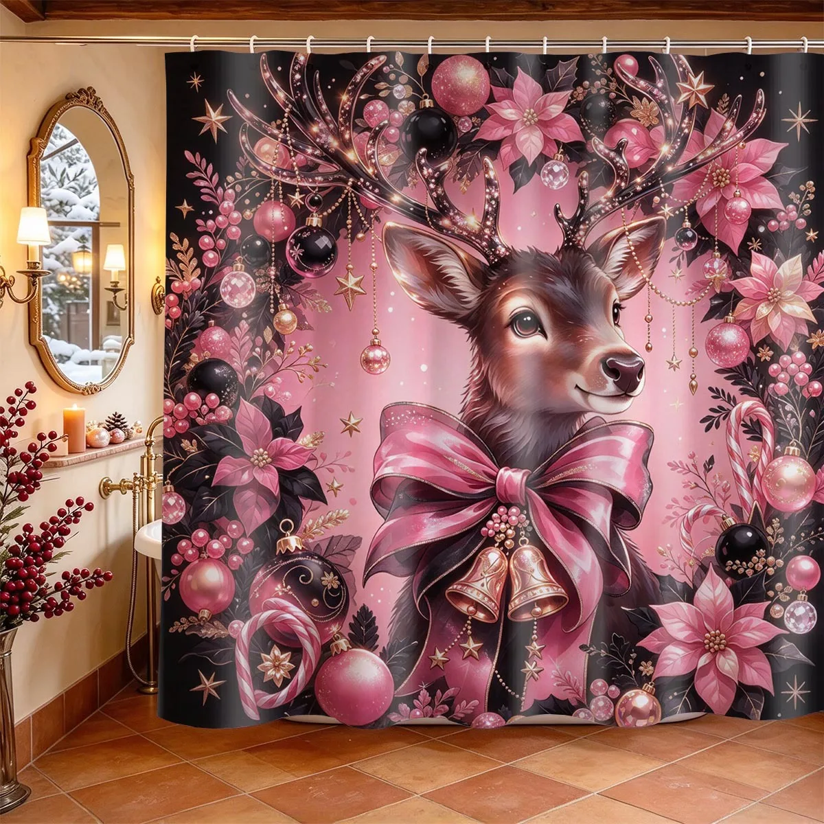 Christmas Shower Curtain Pink Dark Deer Highland Cattle Poinsettia Print Curtain Waterproof Durable for Bathroom Home Decor Gift