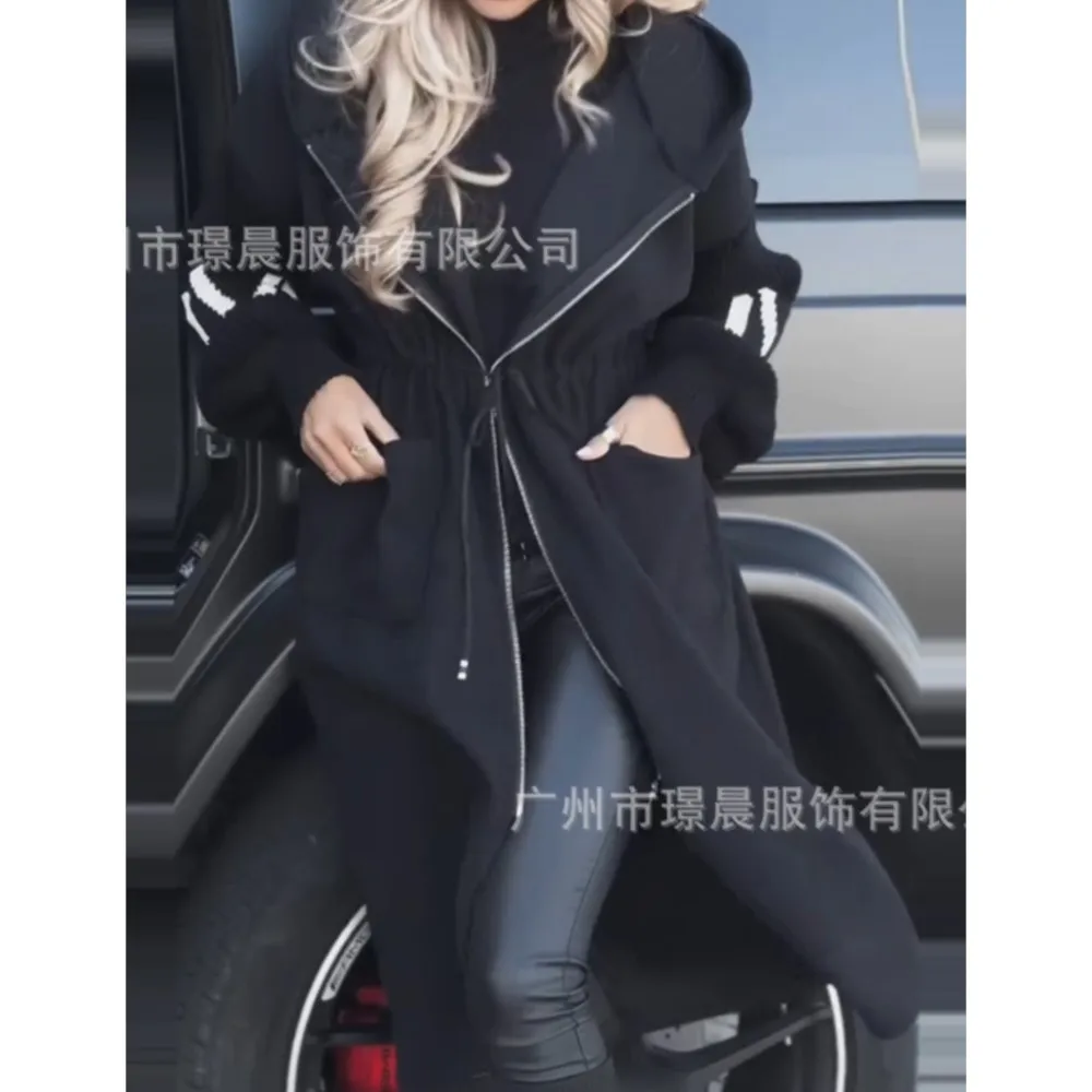 

Fashion Knitted Spliced ​​embroidered Long Hooded Sweatshirt Jacket Autumn Women's Casual Loose Zipper Pocket Windbreaker Coat